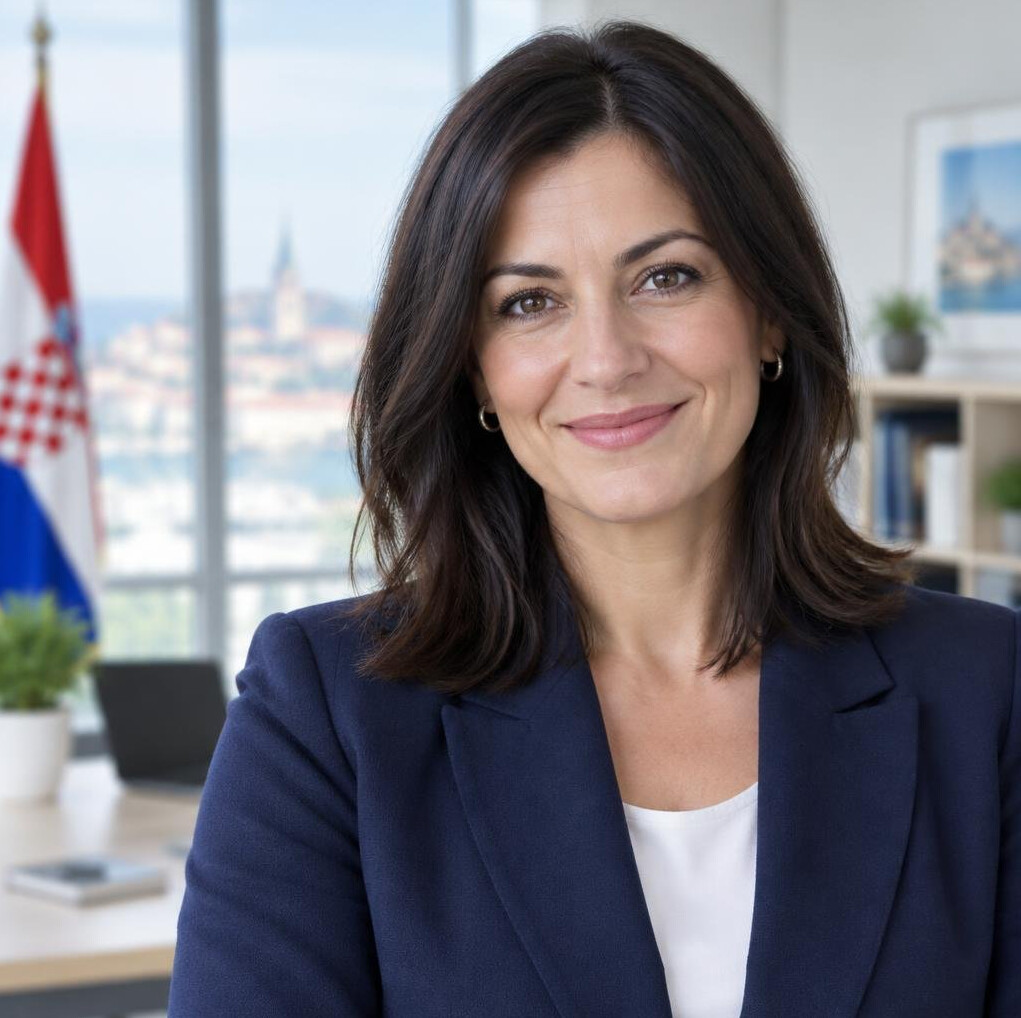 Portrait of a smiling businesswoman with dark hair in a blazer